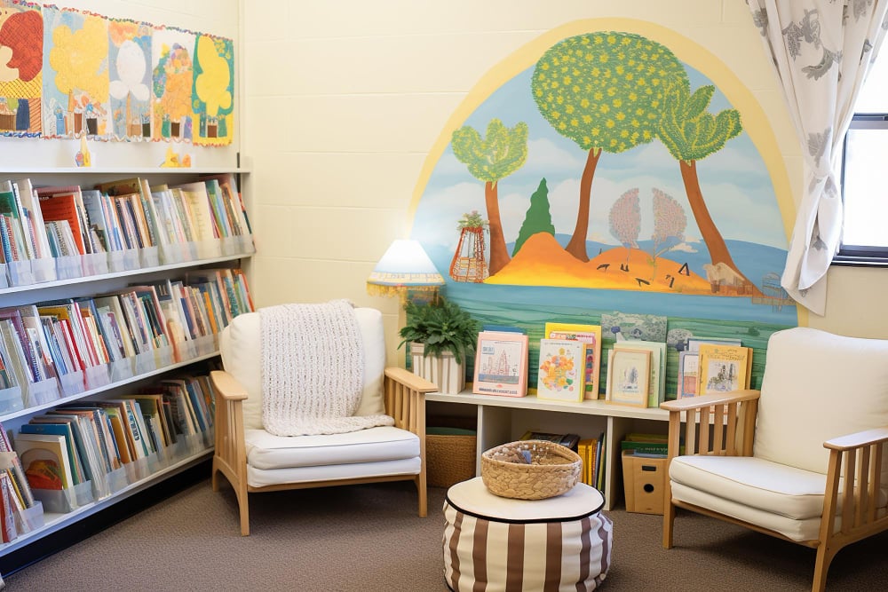 Cozy Reading Nook with Colorful Murals image in article How to Create Montessori “Work Areas” in Small Spaces