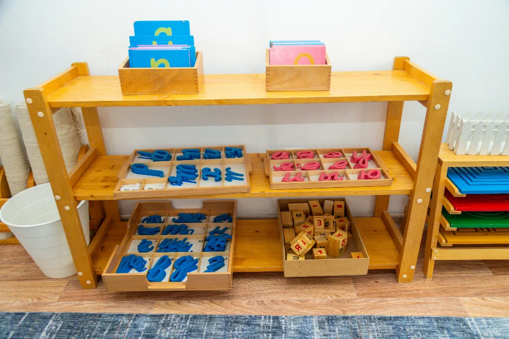 Colorful Learning Materials Organized on Shelves