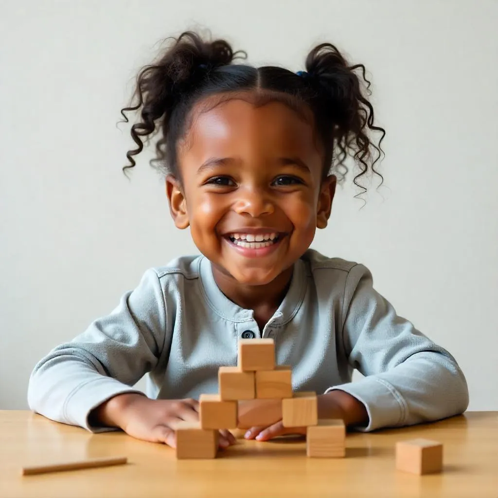 Joyful Child Building with Wooden Blocks